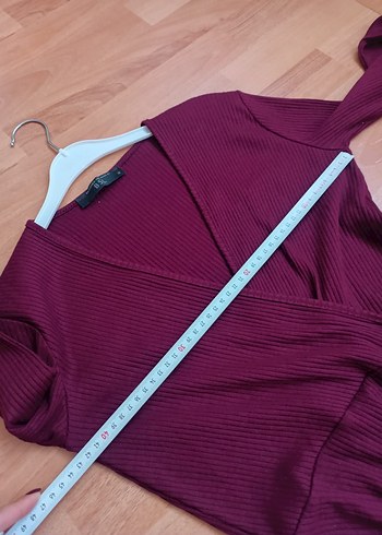 Bordo V Yaka Uzun Kollu Triko Elbise - Görsel 7