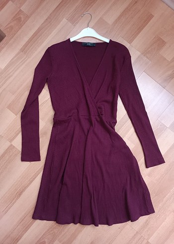 Bordo V Yaka Uzun Kollu Triko Elbise - Görsel 4