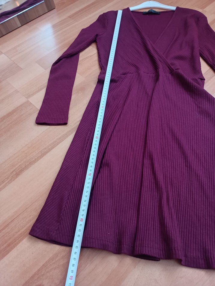 Bordo V Yaka Uzun Kollu Triko Elbise - Görsel 5