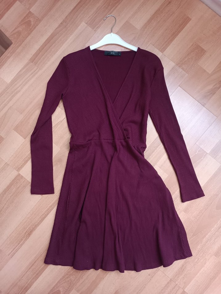 Bordo V Yaka Uzun Kollu Triko Elbise - Görsel 4