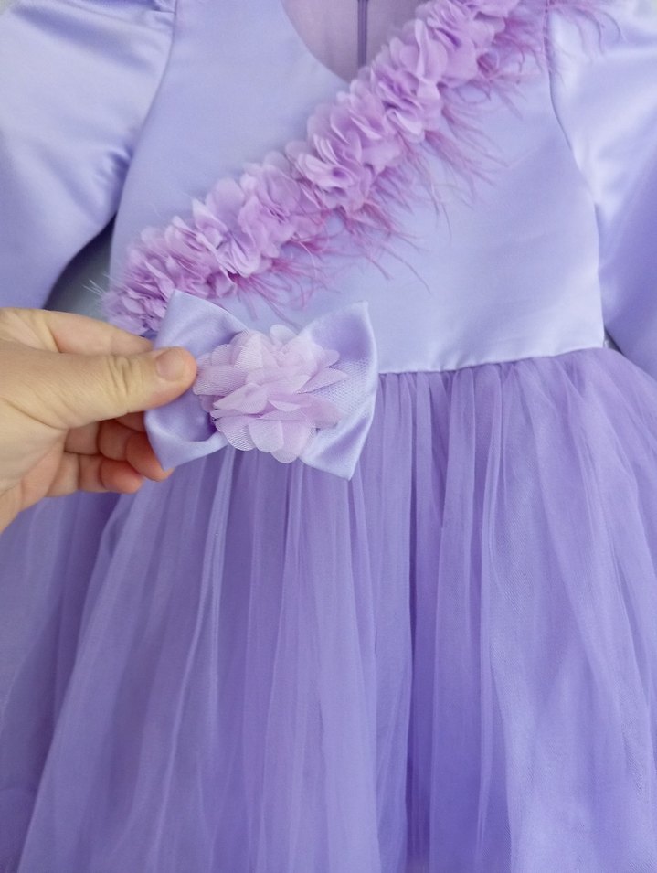 Lila Uzun Kollu Fırfırlı Kız Çocuk Elbise - Görsel 3