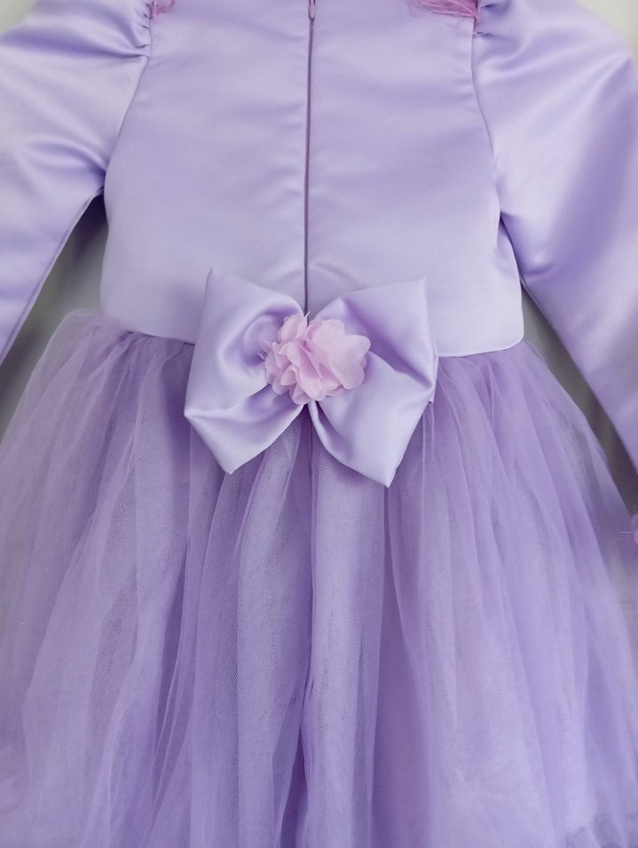 Lila Uzun Kollu Fırfırlı Kız Çocuk Elbise - Görsel 4