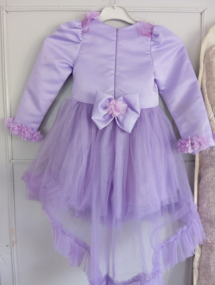 Lila Uzun Kollu Fırfırlı Kız Çocuk Elbise - Görsel 5