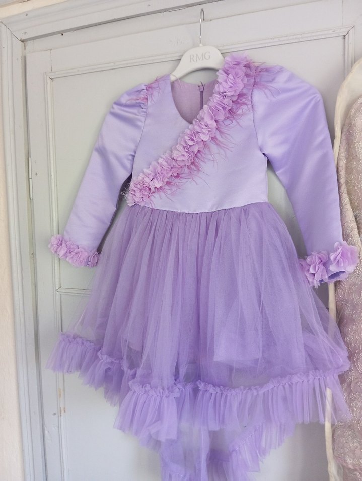 Lila Uzun Kollu Fırfırlı Kız Çocuk Elbise - Görsel 2