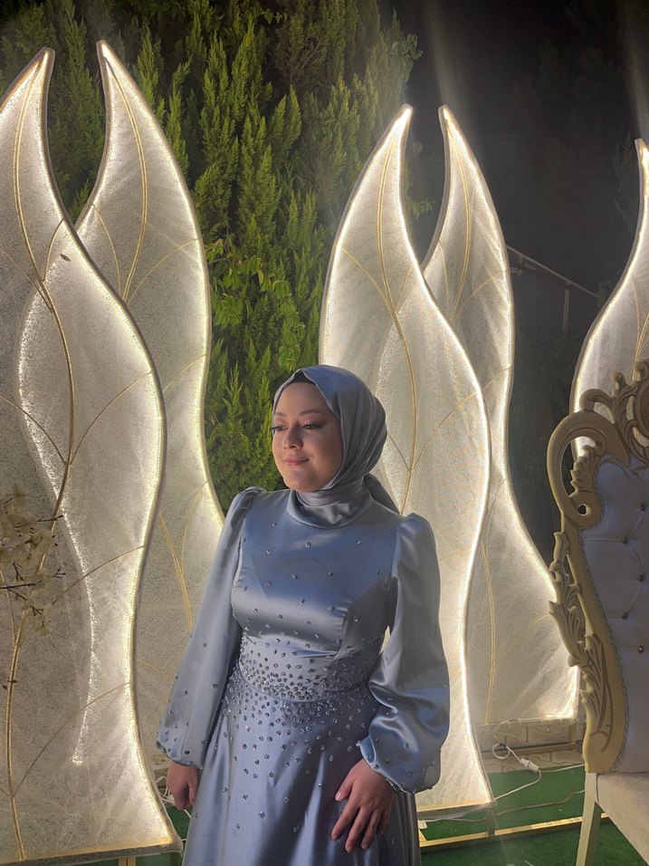 Gri Drapeli Yüksek Yakalı Kadın Abiye Elbise - Görsel 2