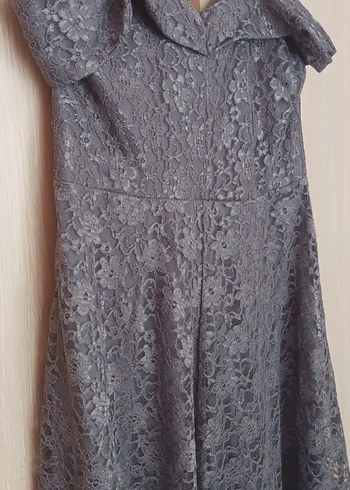 Dantel Detaylı V Yakalı Uzun Gri Vintage Abiye - Görsel 7