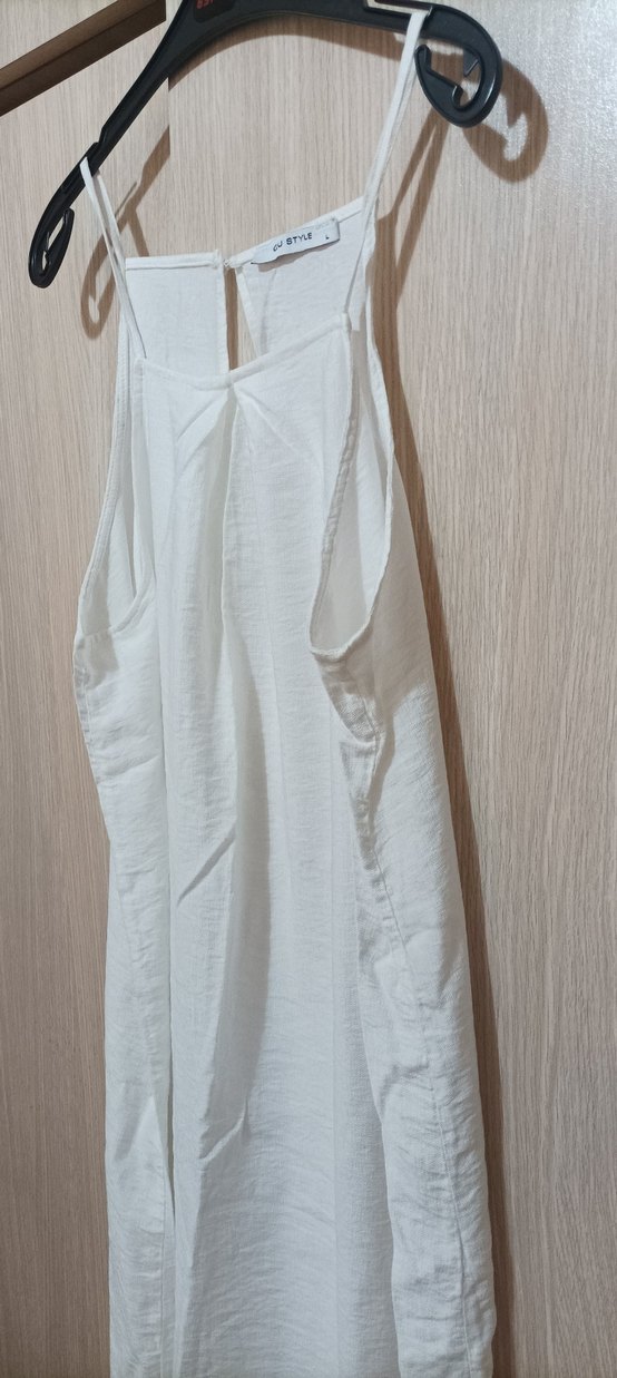 Beyaz Askılı Midi Keten Elbise - Görsel 2