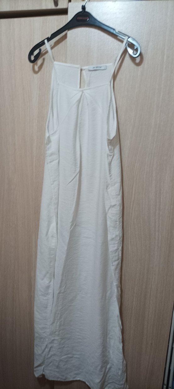 Beyaz Askılı Midi Keten Elbise - Görsel 3