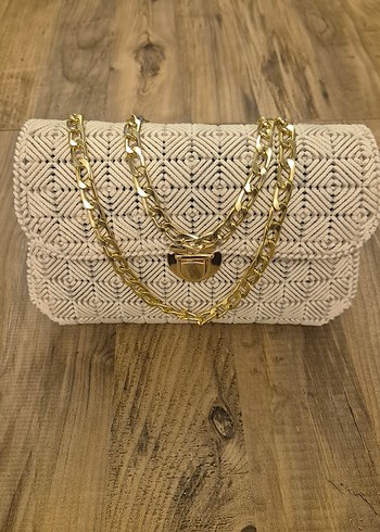 Bej Zincir Detaylı El Örgülü Kanvas Çanta - Görsel 2