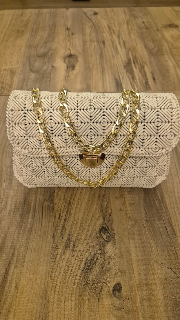 Bej Zincir Detaylı El Örgülü Kanvas Çanta - Görsel 2