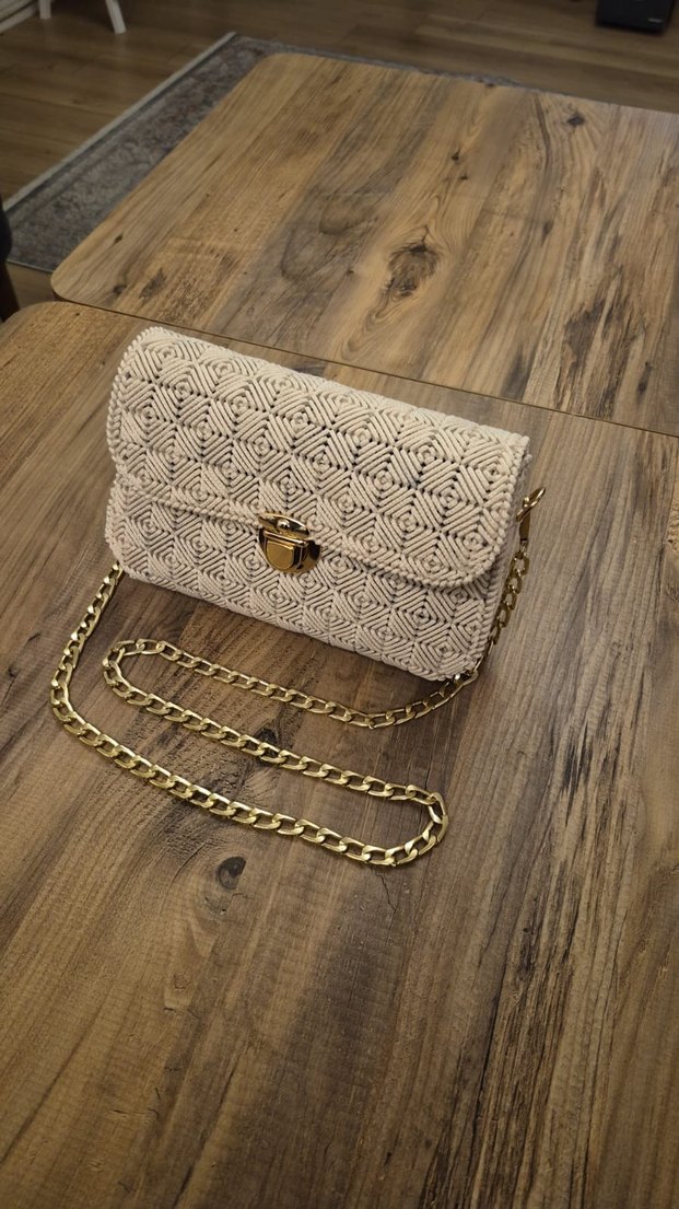 Bej Zincir Detaylı El Örgülü Kanvas Çanta - Görsel 3
