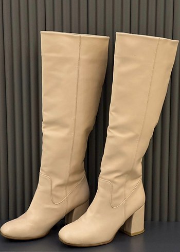 Bej krem Kadın Dizüstü dizaltı dize kadar Topuklu deri Çizme - Görsel 3