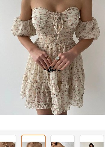 Garmoda Bej Dantel Detaylı Mini Straplz şifon tül çiçekli Elbise - Görsel 3