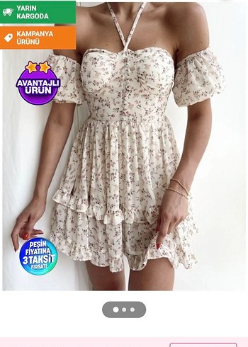 Garmoda Bej Dantel Detaylı Mini Straplz şifon tül çiçekli Elbise - Görsel 2