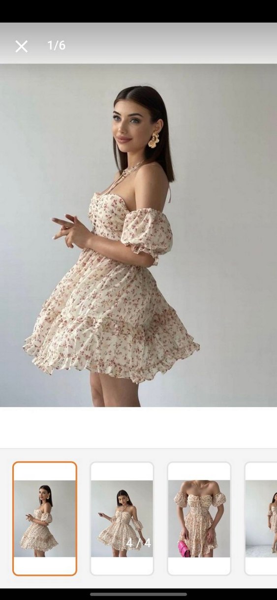 Garmoda Bej Dantel Detaylı Mini Straplz şifon tül çiçekli Elbise - Görsel 4