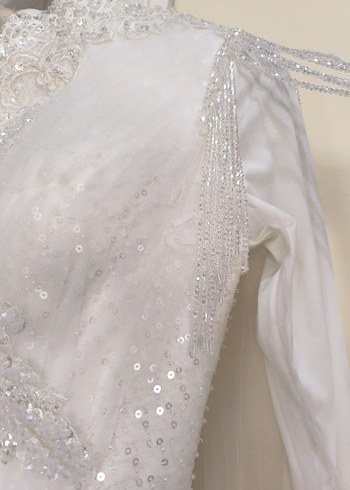 Uzun Kollu Beyaz Vintage Gelinlik - Görsel 7