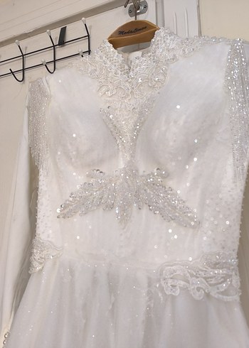 Uzun Kollu Beyaz Vintage Gelinlik - Görsel 5