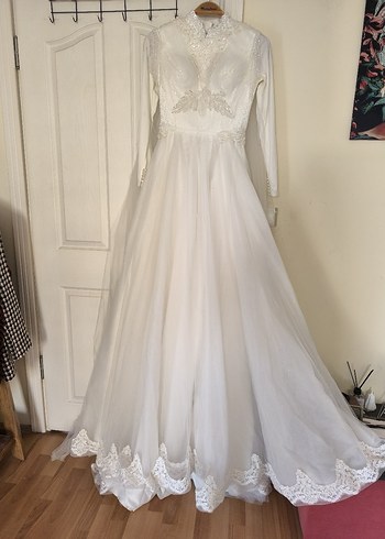 Uzun Kollu Beyaz Vintage Gelinlik - Görsel 2