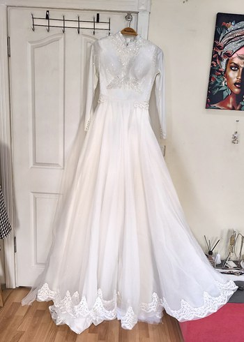 Uzun Kollu Beyaz Vintage Gelinlik - Görsel 3