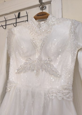 Uzun Kollu Beyaz Vintage Gelinlik - Görsel 6