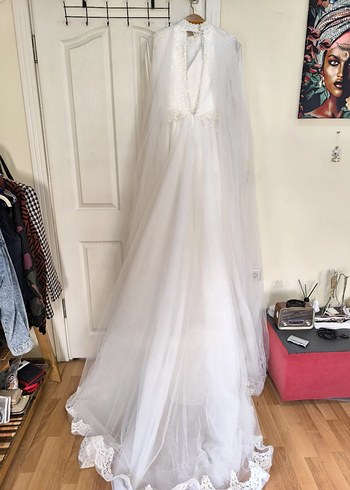 Uzun Kollu Beyaz Vintage Gelinlik - Görsel 12