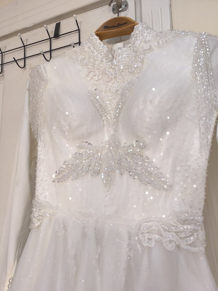 Uzun Kollu Beyaz Vintage Gelinlik - Görsel 5