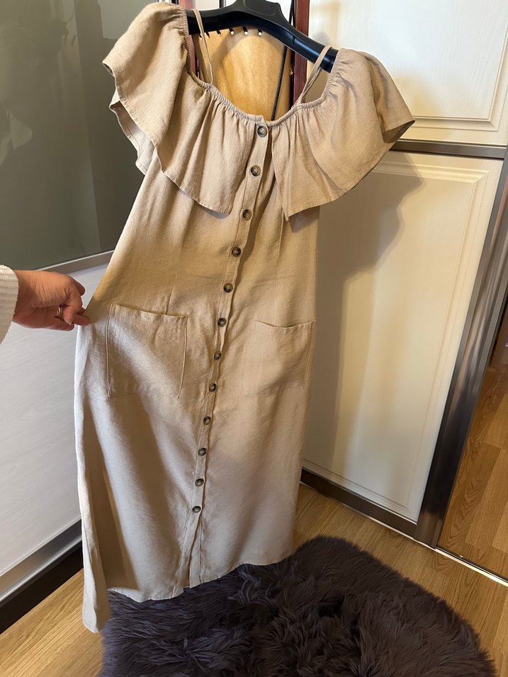 Bej Keten Bohem Uzun Elbise - Görsel 3