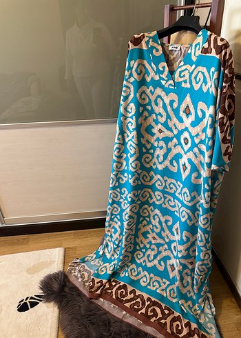 Uzun Turkuaz Bohem Bağlama Desenli Elbise - Görsel 3