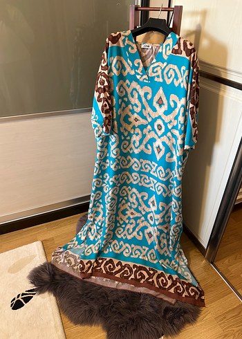 Uzun Turkuaz Bohem Bağlama Desenli Elbise - Görsel 2