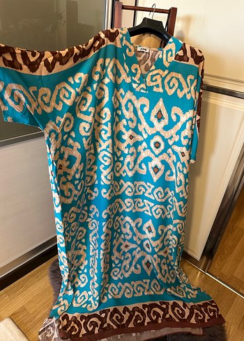 Uzun Turkuaz Bohem Bağlama Desenli Elbise - Görsel 5