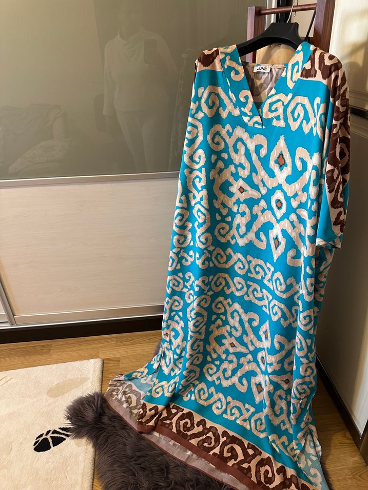 Uzun Turkuaz Bohem Bağlama Desenli Elbise - Görsel 3