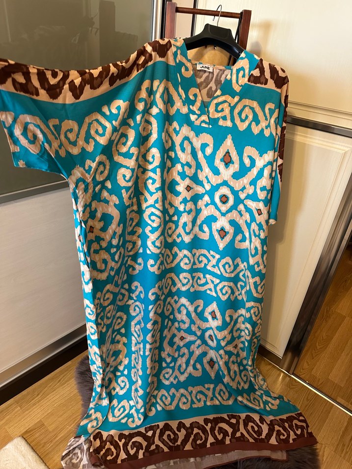 Uzun Turkuaz Bohem Bağlama Desenli Elbise - Görsel 5