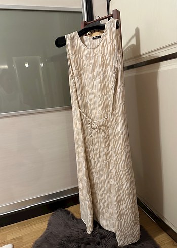 Bej Zebra Desenli Kolsuz Uzun Keten Elbise - Görsel 5