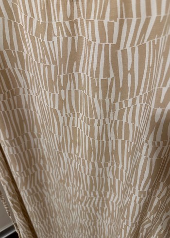 Bej Zebra Desenli Kolsuz Uzun Keten Elbise - Görsel 7