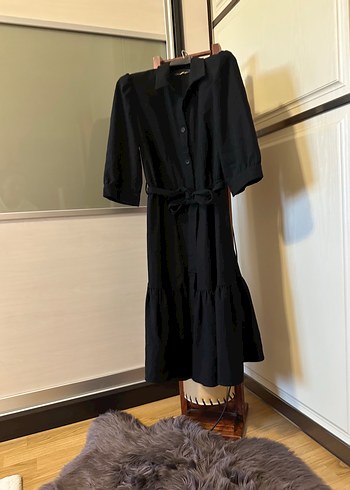 Siyah Kemerli Uzun Keten Elbise - Görsel 2