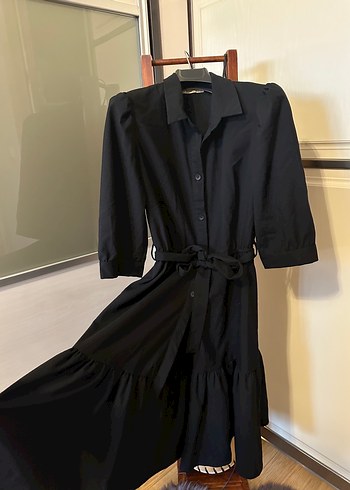 Siyah Kemerli Uzun Keten Elbise - Görsel 5