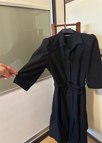 Siyah Kemerli Uzun Keten Elbise - Görsel 3