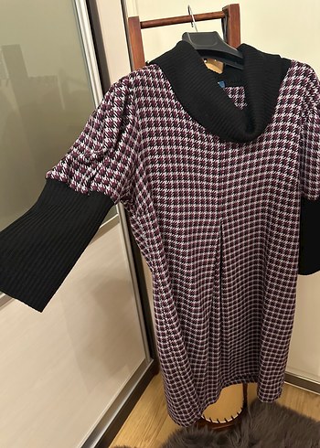 Bordo Ekose Desenli Salaş Midi Elbise - Görsel 4