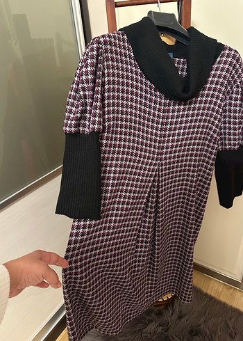 Bordo Ekose Desenli Salaş Midi Elbise - Görsel 6