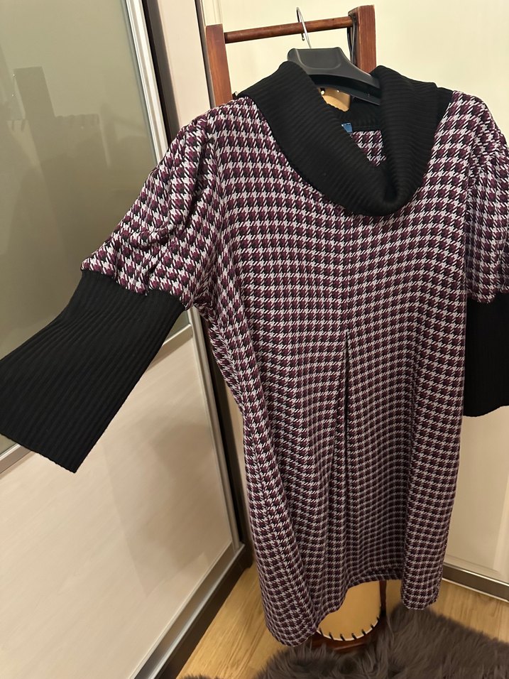 Bordo Ekose Desenli Salaş Midi Elbise - Görsel 4