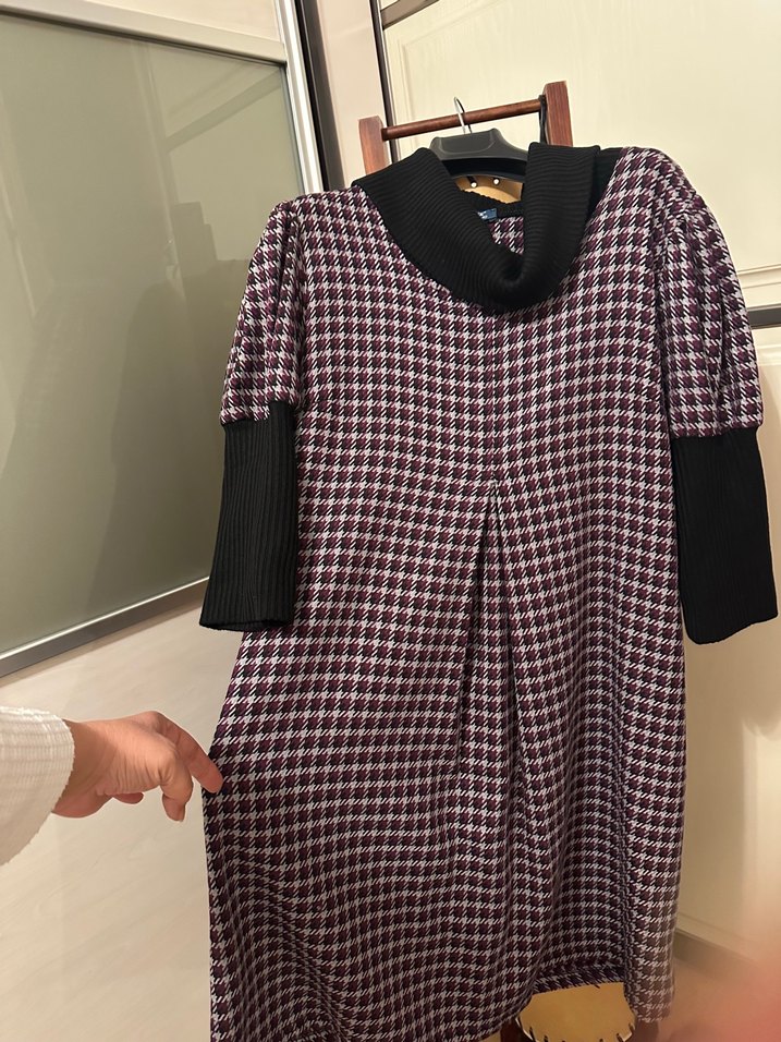 Bordo Ekose Desenli Salaş Midi Elbise - Görsel 5