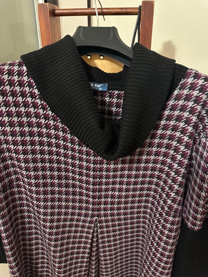 Bordo Ekose Desenli Salaş Midi Elbise - Görsel 3