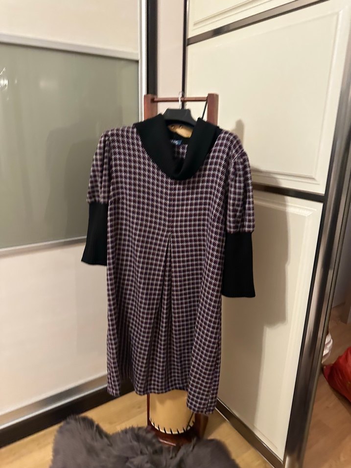 Bordo Ekose Desenli Salaş Midi Elbise - Görsel 2