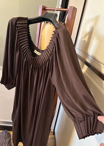 Plise yaka kol rahat kesim diz de elbise - Görsel 7