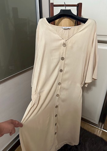 Düğmeli Bej Kadın Uzun Keten Elbise - Görsel 5