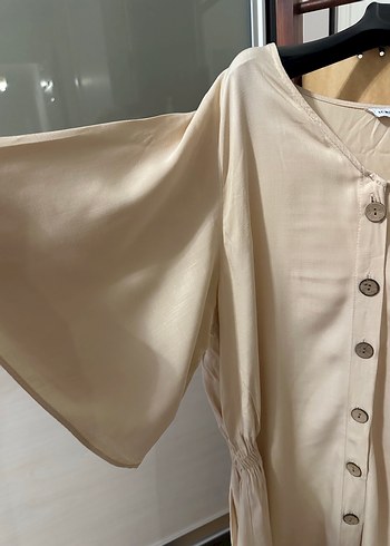 Düğmeli Bej Kadın Uzun Keten Elbise - Görsel 3