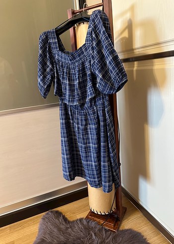 Mavi Kareli Kısa  Elbise - Görsel 2