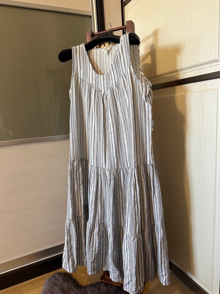 Gri Çizgili Bohem Keten Uzun Elbise - Görsel 3