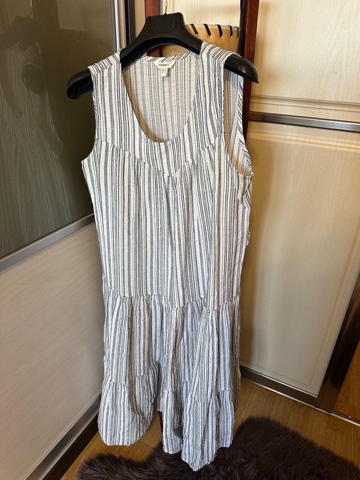 Gri Çizgili Bohem Keten Uzun Elbise - Görsel 2