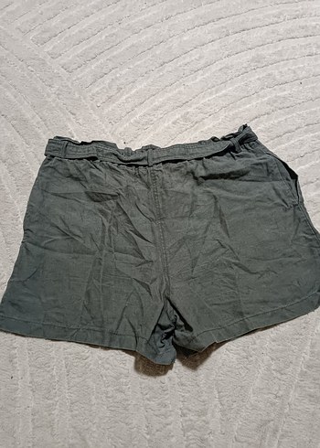 42 Beden gri Renk haki Kemerli Mini Keten Şort